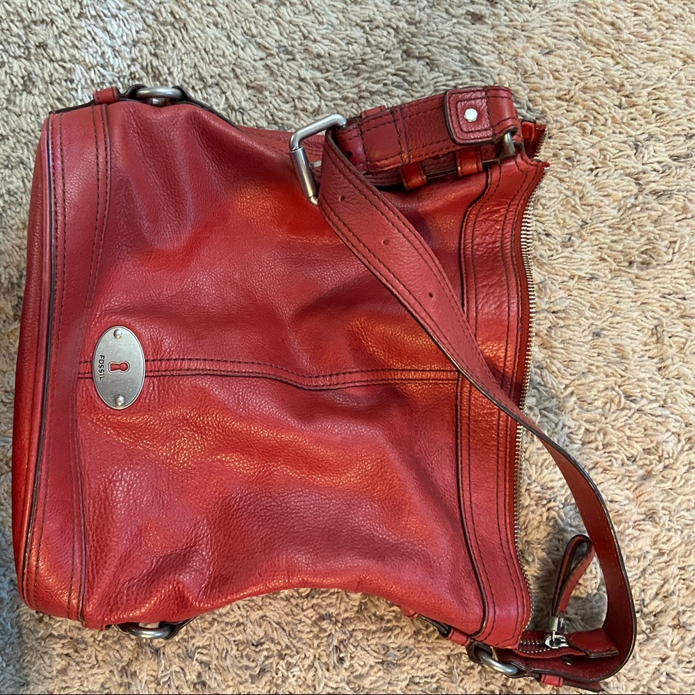 Red leather Fossil Bucket Purse